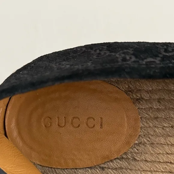 Gucci Black Suede Microguccissima Micro GG Logo Espadrille Flats Sandals US 6