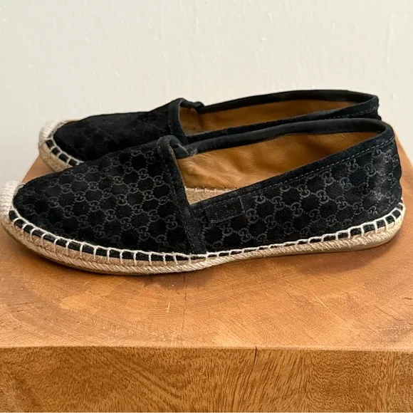 Gucci Black Suede Microguccissima Micro GG Logo Espadrille Flats Sandals US 6