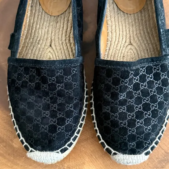 Gucci Black Suede Microguccissima Micro GG Logo Espadrille Flats Sandals US 6