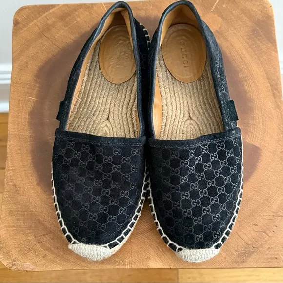Gucci Black Suede Microguccissima Micro GG Logo Espadrille Flats Sandals US 6
