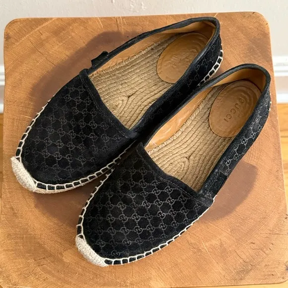 Gucci Black Suede Microguccissima Micro GG Logo Espadrille Flats Sandals US 6