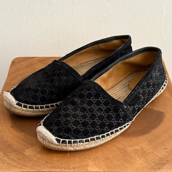 Gucci Black Suede Microguccissima Micro GG Logo Espadrille Flats Sandals US 6