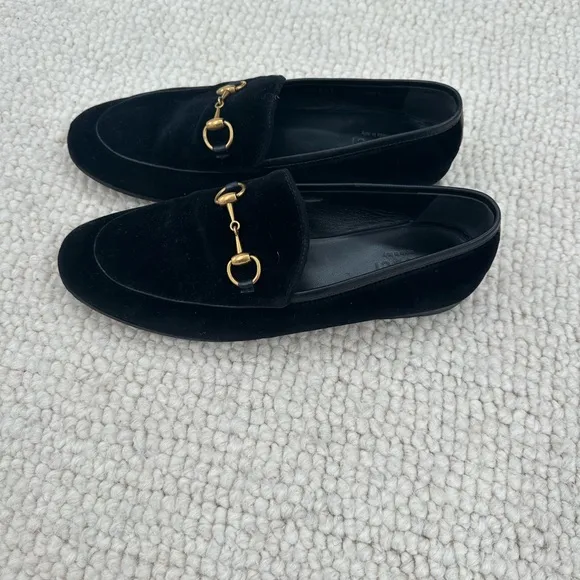 Gucci Jordaan Black Velvet Loafers with Gold Detail