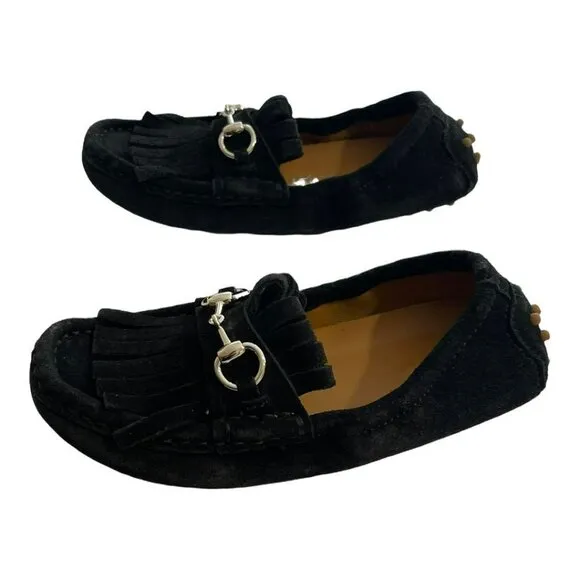 Gucci Shoes Black Suede Kilt Horsebit Slip On Loafers Preowned Size EU 26