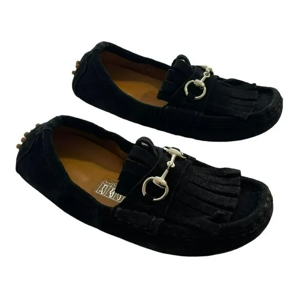 Gucci Shoes Black Suede Kilt Horsebit Slip On Loafers Preowned Size EU 26