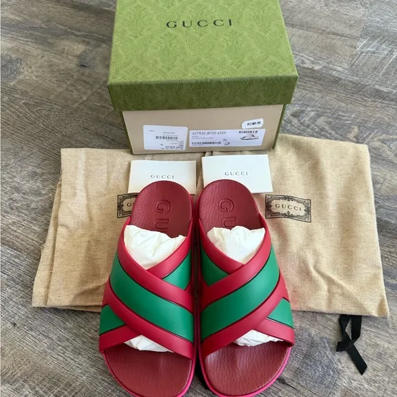 Gucci Web Cross Red and Green Rubber Slides size 36