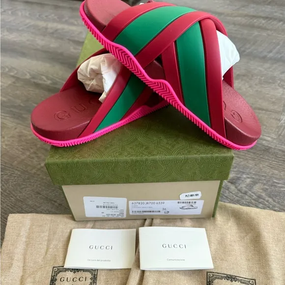 Gucci Web Cross Red and Green Rubber Slides size 36