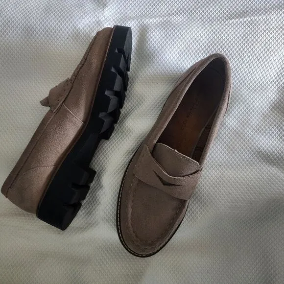 House of Harlow 1960 Gunner Light Taupe Suede Platform Lug Sole Loafers