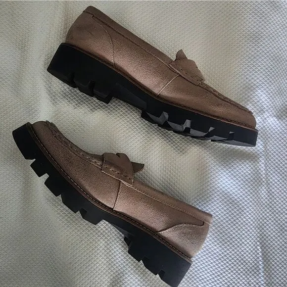 House of Harlow 1960 Gunner Light Taupe Suede Platform Lug Sole Loafers