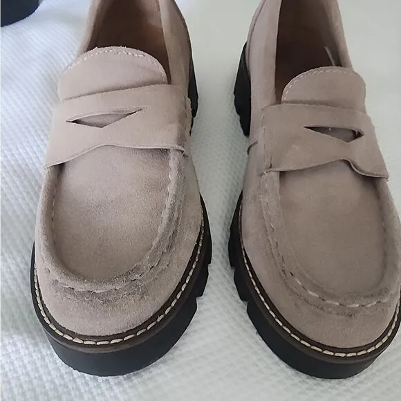 House of Harlow 1960 Gunner Light Taupe Suede Platform Lug Sole Loafers