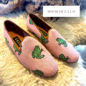 House of Zalo - Pink Needlepoint Loafers with Green Frog Design - Size 37.5
