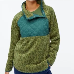 J. Crew Green‎ Leopard Print Quilted Button-Neck Sherpa Long Sleeve Sweater Sz M