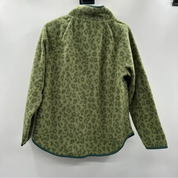 J. Crew Green‎ Leopard Print Quilted Button-Neck Sherpa Long Sleeve Sweater Sz M