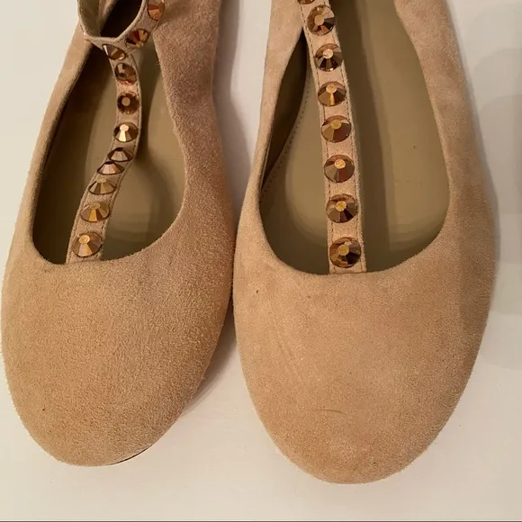 J. CREW NEW SHOES FLATS TAN SUEDE LEATHER T ANKLE STRAPS ROSE GOLD STUDS SIZE 8