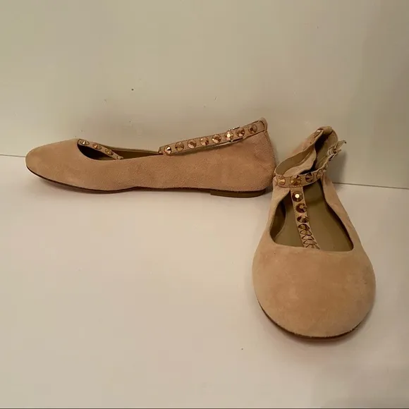 J. CREW NEW SHOES FLATS TAN SUEDE LEATHER T ANKLE STRAPS ROSE GOLD STUDS SIZE 8