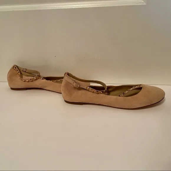 J. CREW NEW SHOES FLATS TAN SUEDE LEATHER T ANKLE STRAPS ROSE GOLD STUDS SIZE 8
