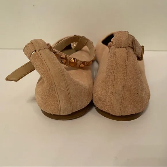 J. CREW NEW SHOES FLATS TAN SUEDE LEATHER T ANKLE STRAPS ROSE GOLD STUDS SIZE 8