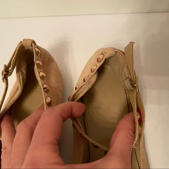 J. CREW NEW SHOES FLATS TAN SUEDE LEATHER T ANKLE STRAPS ROSE GOLD STUDS SIZE 8