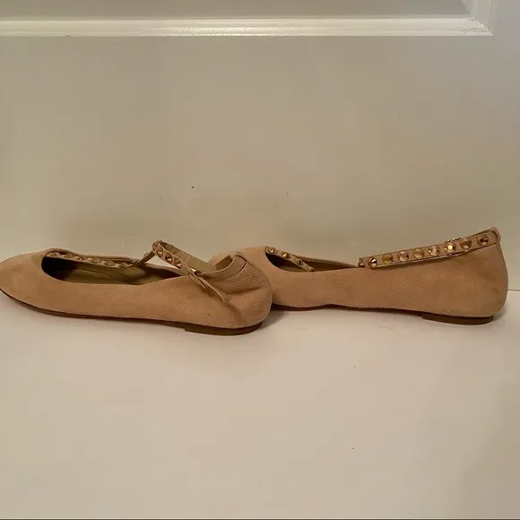 J. CREW NEW SHOES FLATS TAN SUEDE LEATHER T ANKLE STRAPS ROSE GOLD STUDS SIZE 8