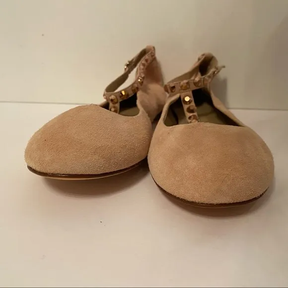 J. CREW NEW SHOES FLATS TAN SUEDE LEATHER T ANKLE STRAPS ROSE GOLD STUDS SIZE 8