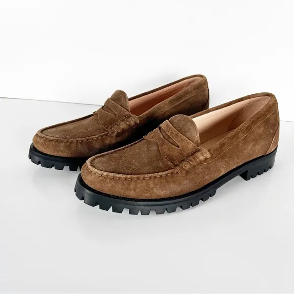 J. Crew Winona Lug-Sole Penny Loafers Suede Rich Toffee Size 9.5