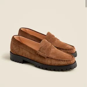 J. Crew Winona Lug-Sole Penny Loafers Suede Rich Toffee Size 9.5