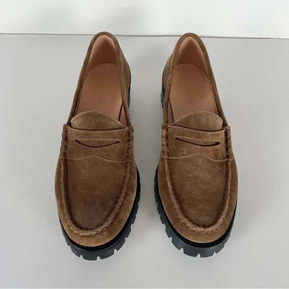J. Crew Winona Lug-Sole Penny Loafers Suede Rich Toffee Size 9.5