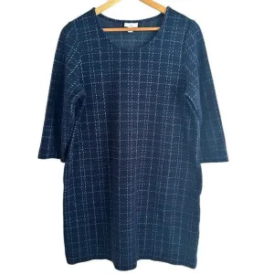 J Jill Navy Blue Checkered 3/4 Sleeve Shift Viscose Rayon Dress Size Medium