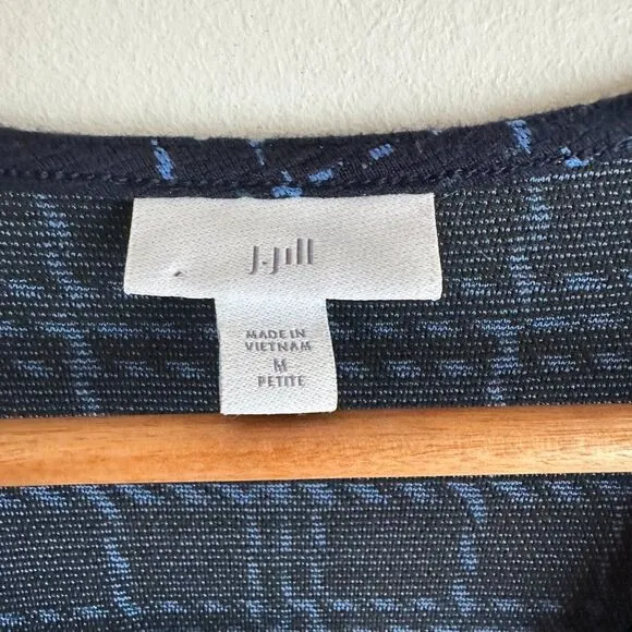 J Jill Navy Blue Checkered 3/4 Sleeve Shift Viscose Rayon Dress Size Medium