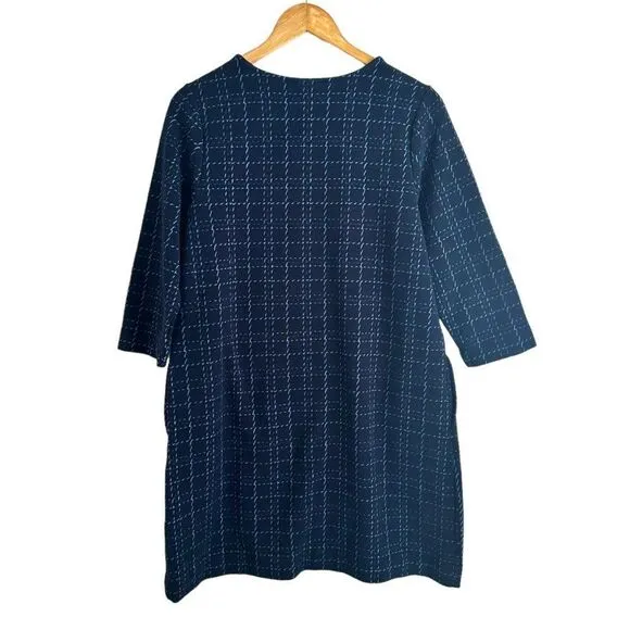 J Jill Navy Blue Checkered 3/4 Sleeve Shift Viscose Rayon Dress Size Medium