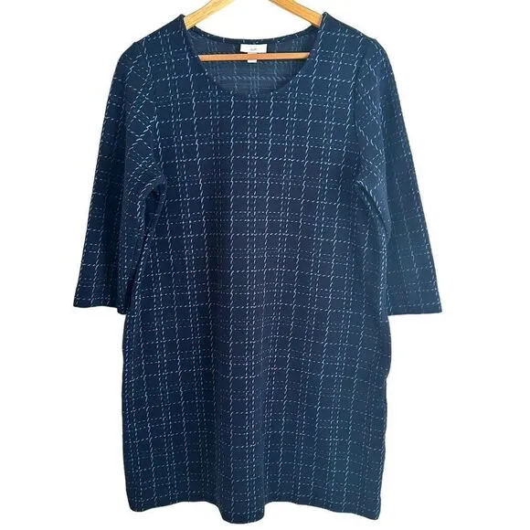 J Jill Navy Blue Checkered 3/4 Sleeve Shift Viscose Rayon Dress Size Medium