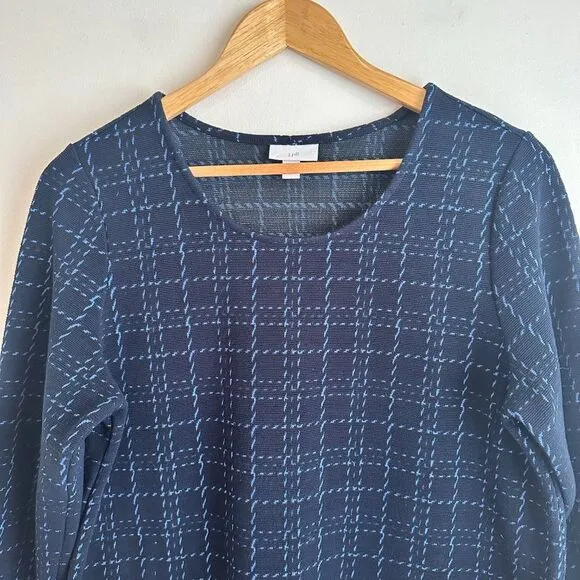 J Jill Navy Blue Checkered 3/4 Sleeve Shift Viscose Rayon Dress Size Medium