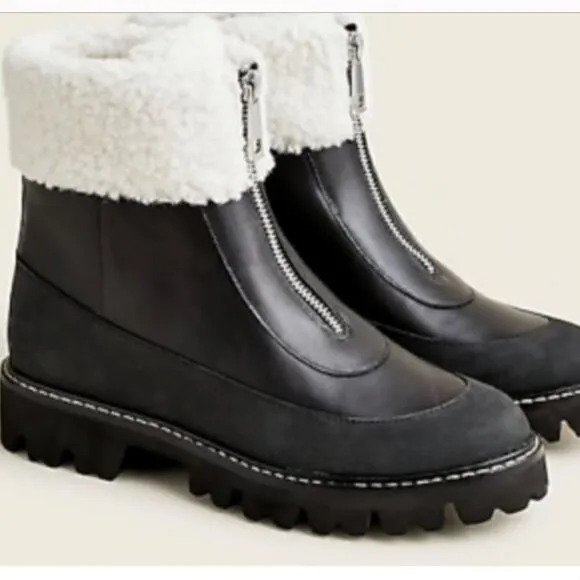 J.Crew Black Gwen Lug Sole FauxFur Front- Zip Boots size 9