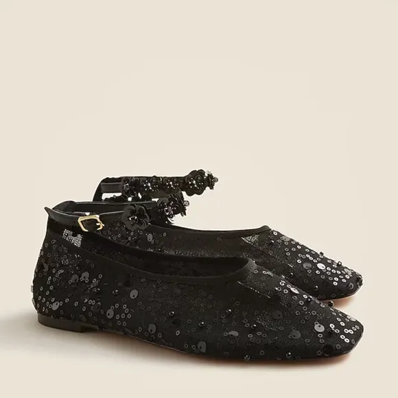 J.Crew Quinn embellished removable ankle-strap ballet flats sequin &amp; mesh sz 9.5