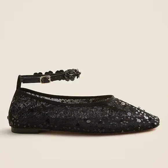 J.Crew Quinn embellished removable ankle-strap ballet flats sequin &amp; mesh sz 9.5