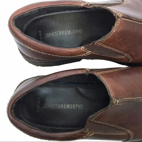 JOHNSTON &amp; MURPHY Loafers Brown Leather Slip On Sheepskin Crepe Sole Size 12M