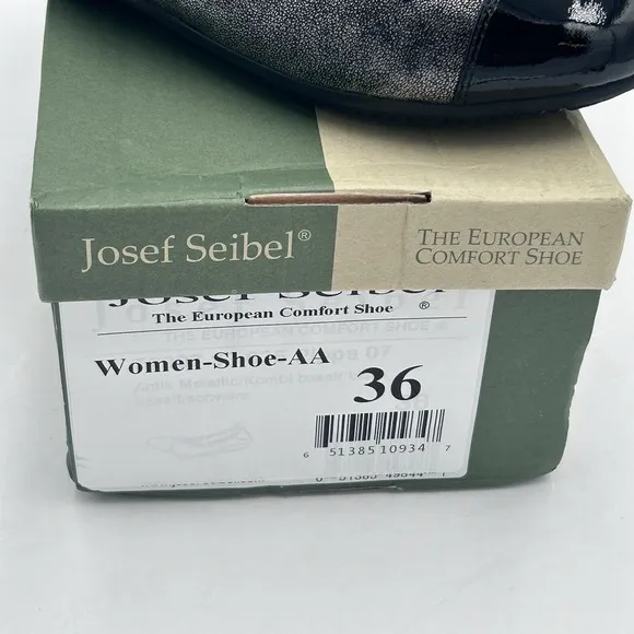 JOSEF SEIDEL WOMEN'S PIPPA SILVER BLACK PATENT LEATHER BALLET FLATS US5-5.5/EU36