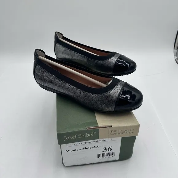 JOSEF SEIDEL WOMEN'S PIPPA SILVER BLACK PATENT LEATHER BALLET FLATS US5-5.5/EU36