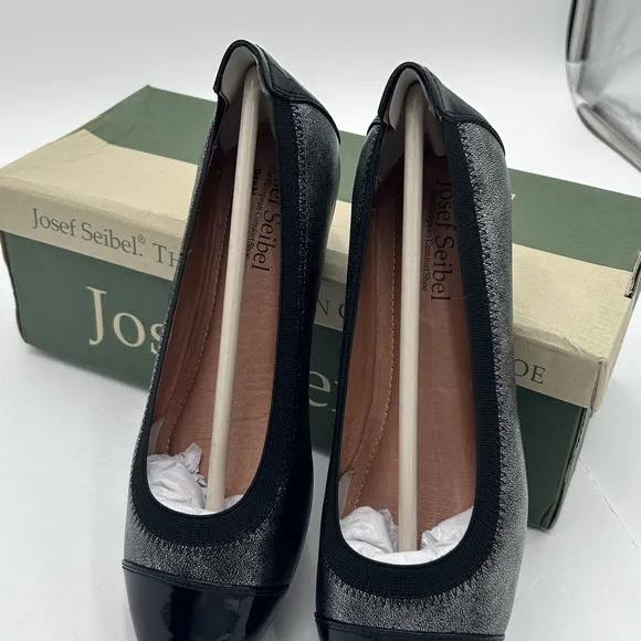 JOSEF SEIDEL WOMEN'S PIPPA SILVER BLACK PATENT LEATHER BALLET FLATS US5-5.5/EU36
