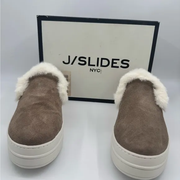 J/SLIDES Neel Faux Fur Trim Suede Slip On Sneakers NWB