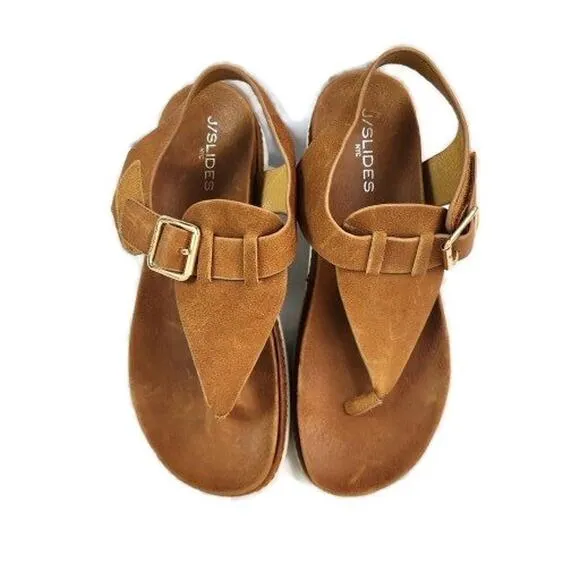J/Slides NYC Becky Women's Brown Leather Thong Toe Sandal 9.5