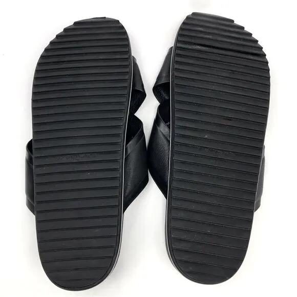 J/Slides OLIVIA Black Leather Crisscross White Stripe Slide Sandals