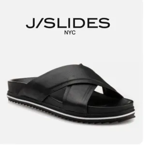 J/Slides OLIVIA Black Leather Crisscross White Stripe Slide Sandals