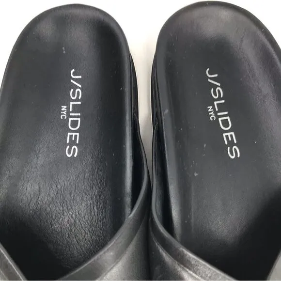J/Slides OLIVIA Black Leather Crisscross White Stripe Slide Sandals