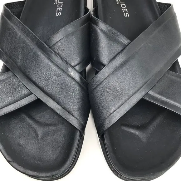 J/Slides OLIVIA Black Leather Crisscross White Stripe Slide Sandals