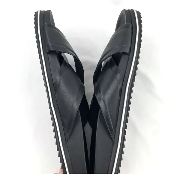 J/Slides OLIVIA Black Leather Crisscross White Stripe Slide Sandals