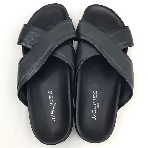 J/Slides OLIVIA Black Leather Crisscross White Stripe Slide Sandals
