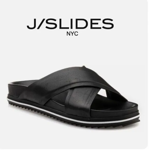 J/Slides OLIVIA Black Leather Crisscross White Stripe Slide Sandals