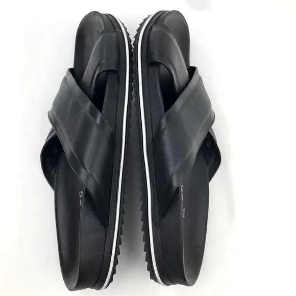 J/Slides OLIVIA Black Leather Crisscross White Stripe Slide Sandals
