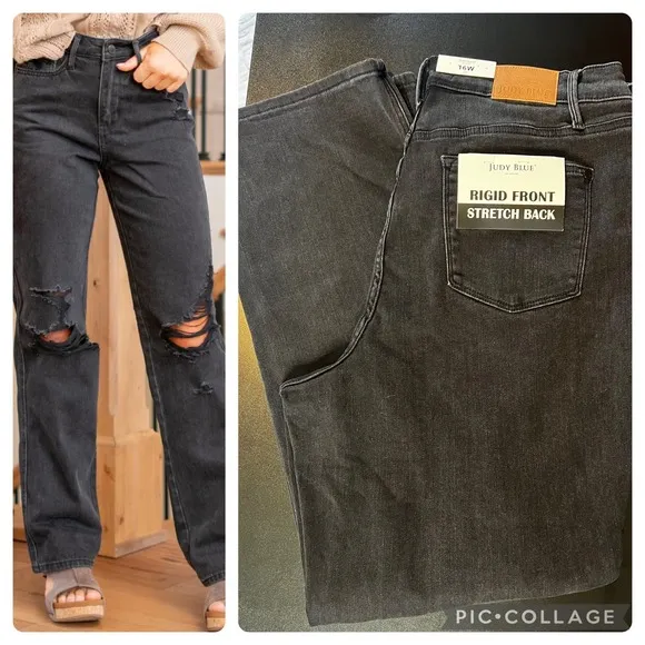 Judy Blue Sz 16W black NWT 90s Straight Leg Distressed High Waist Jeans